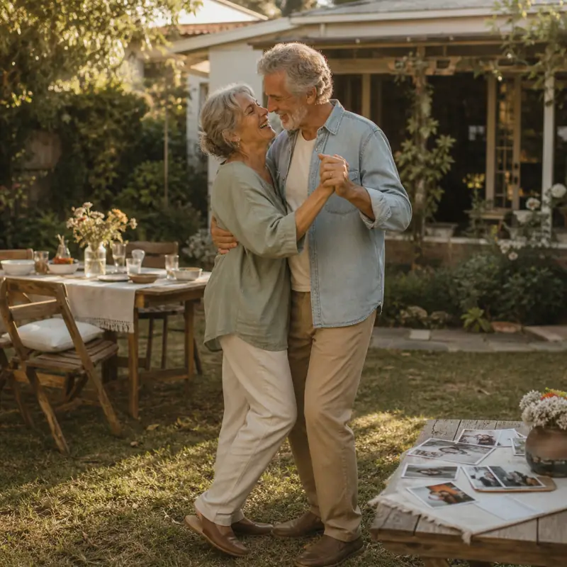 Warm editorial cover art of a long-term couple dancing in a sunlit backyard beside old photographs.