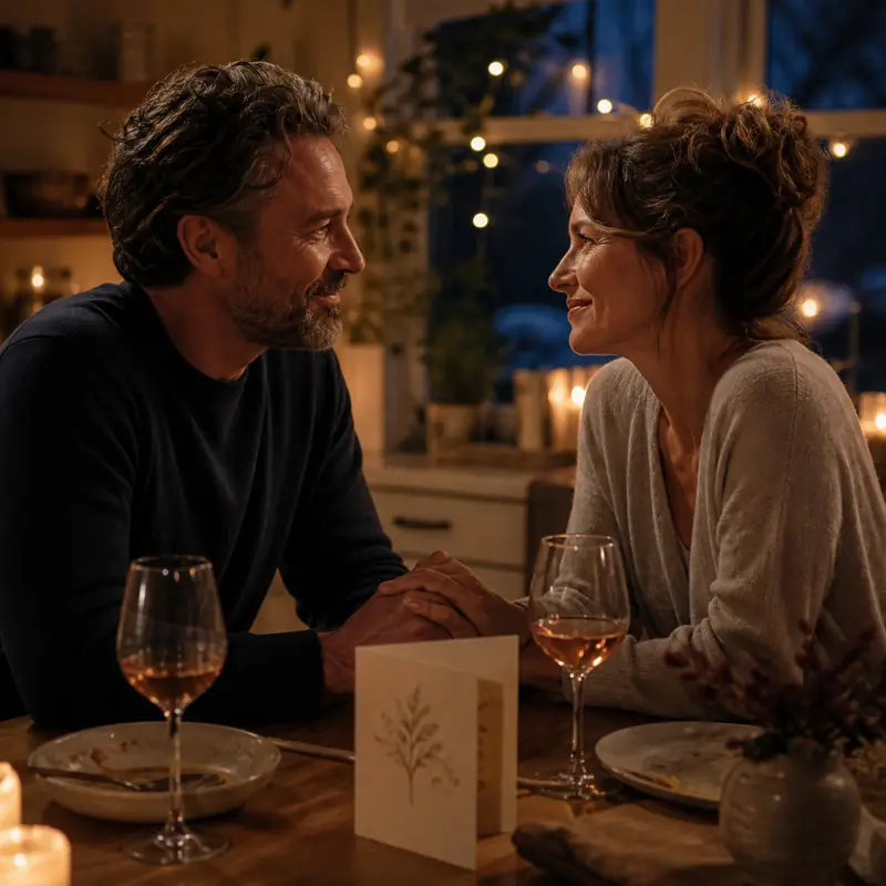 Warm editorial cover art of a long-term couple holding hands across a candlelit kitchen table.
