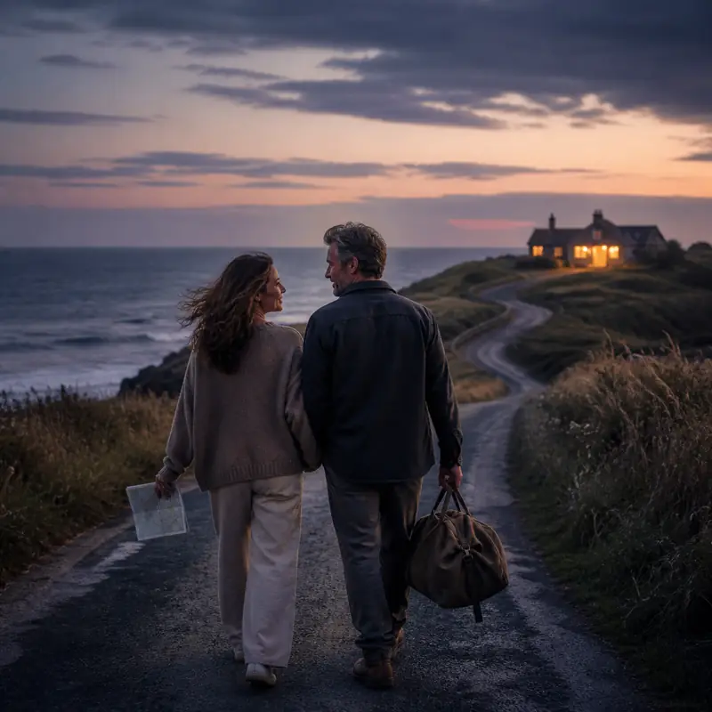 Poetic editorial cover art of a couple walking hand in hand along a coastal road toward a warm home at dusk.