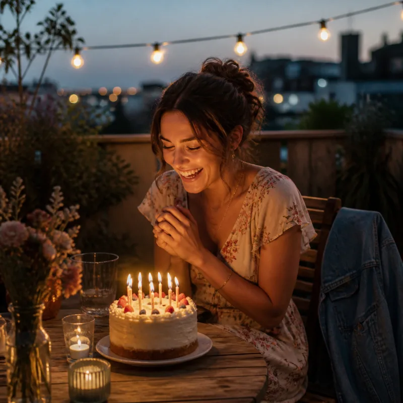 Warm editorial cover art of a woman making a birthday wish under string lights with a cake and blue jacket nearby.