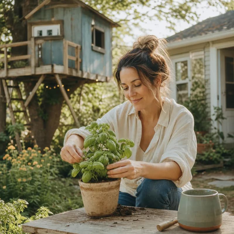 Warm editorial cover art of a woman tending basil beside a weathered childhood treehouse in a sunlit garden.