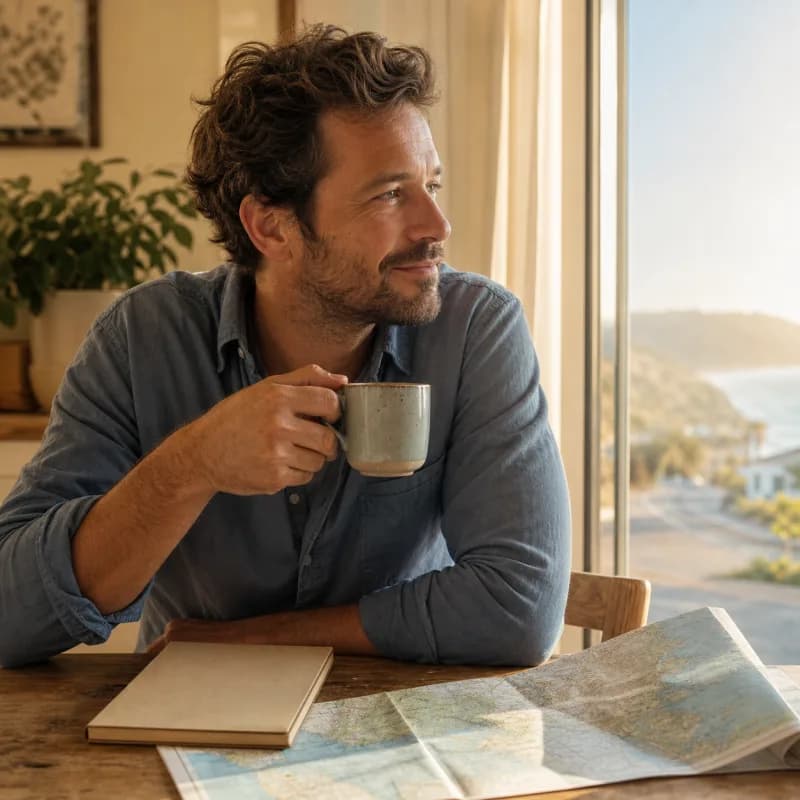 Warm editorial cover art of a man looking toward a bright horizon with coffee and a folded map on a wooden table.