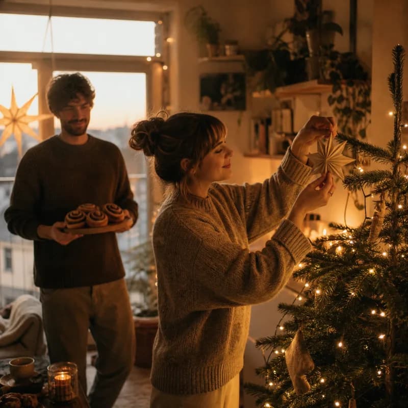 Woman hanging a handmade paper-star ornament beside a glowing Christmas tree.