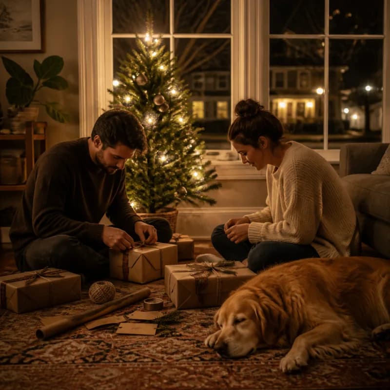 Couple wrapping Christmas gifts beside a tree with their dog asleep nearby.