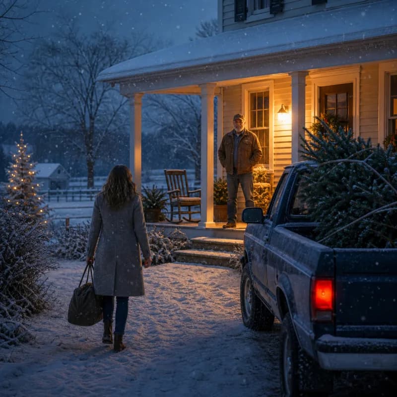Daughter arriving at her father’s porch with a Christmas tree at dusk.
