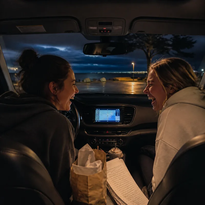 Two friends laughing in a parked car beside a city lake at night.