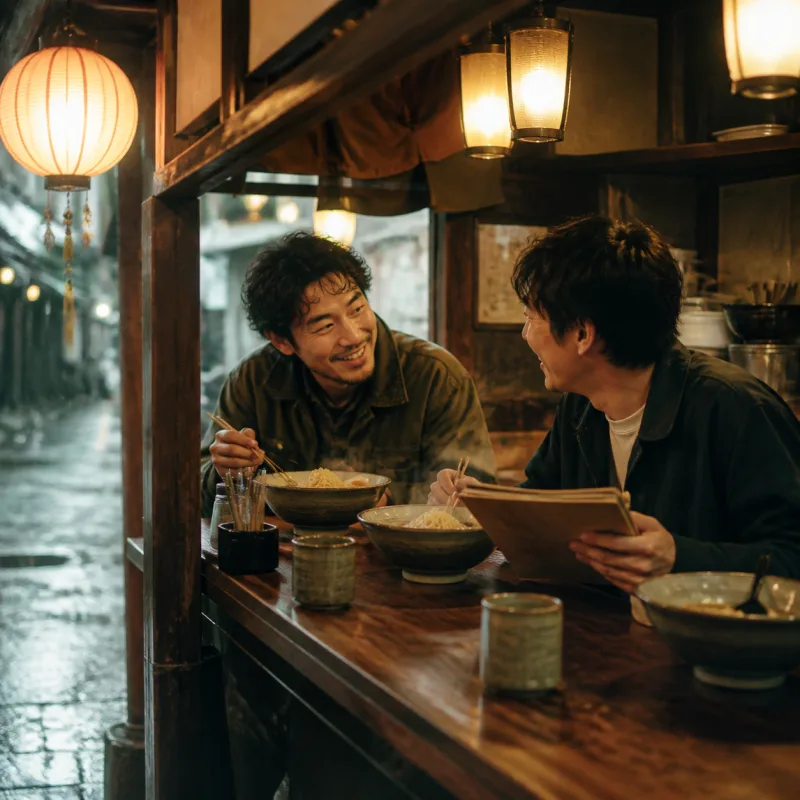 Two friends sharing ramen at a warmly lit neighborhood counter after rain.