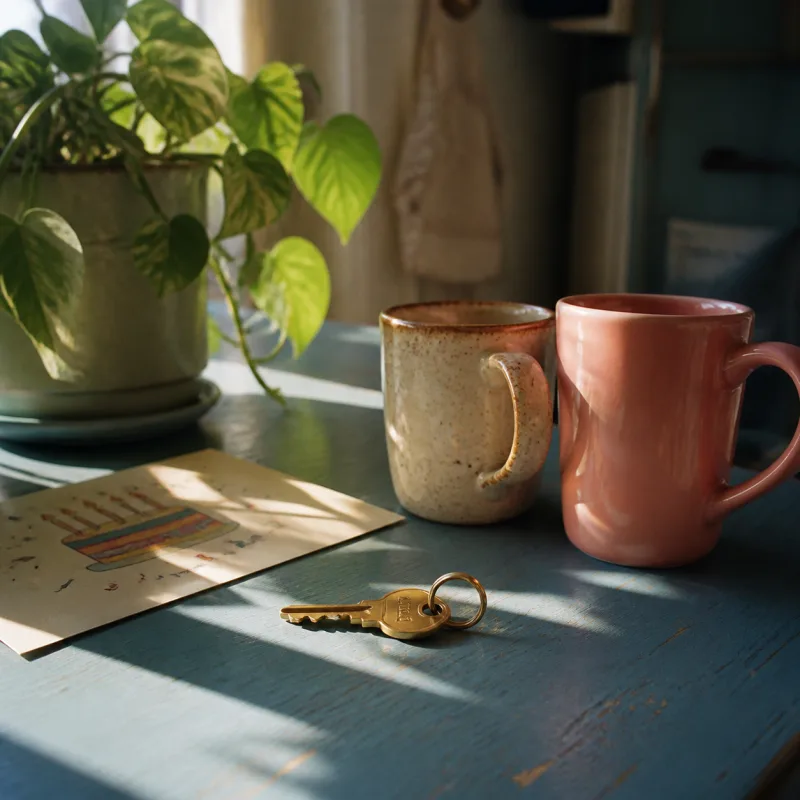 Brass spare key beside two mugs and a pothos plant on a sunlit table.
