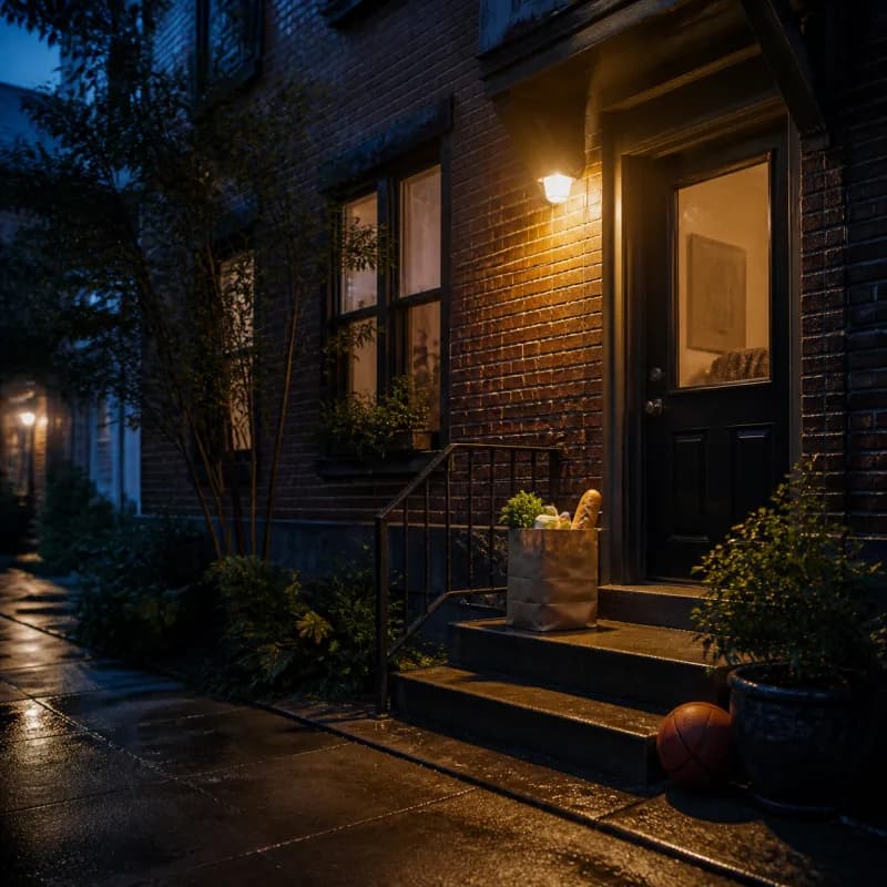Warm porch light, groceries, and a basketball outside a brick townhouse after rain.