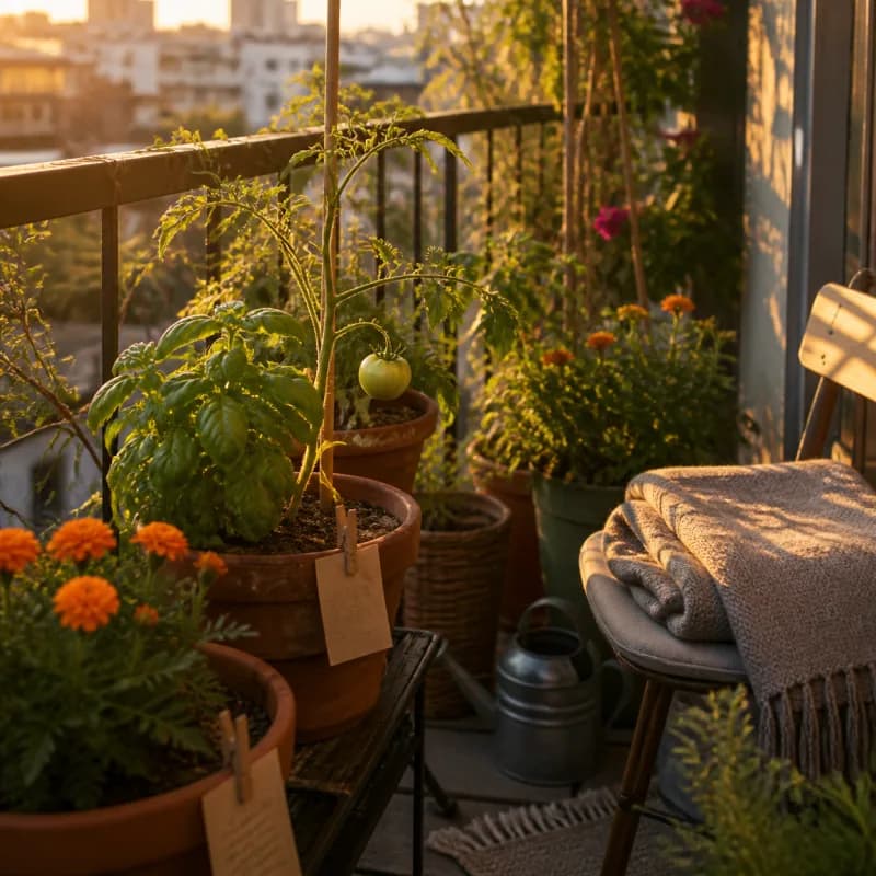 Sunlit balcony garden with plants, care notes, and a folded blanket.