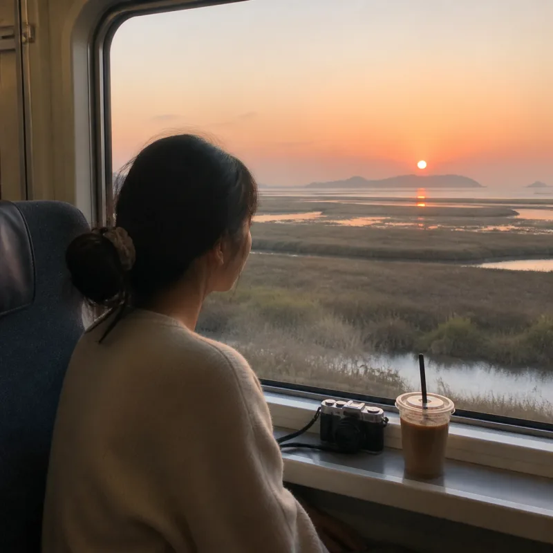 Woman with a camera and iced coffee by a train window at sunrise.
