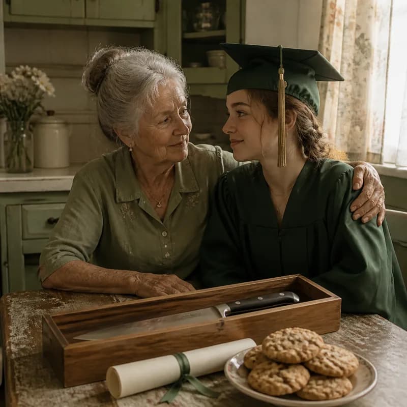 Grandmother giving a graduate a chef’s knife beside a diploma and cookies.