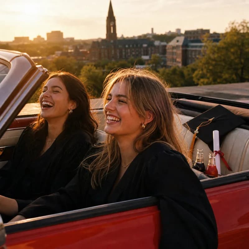 Two graduates laughing in a red convertible after commencement.