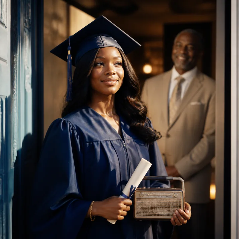 Graduate holding a diploma and vintage radio in a sunlit doorway.