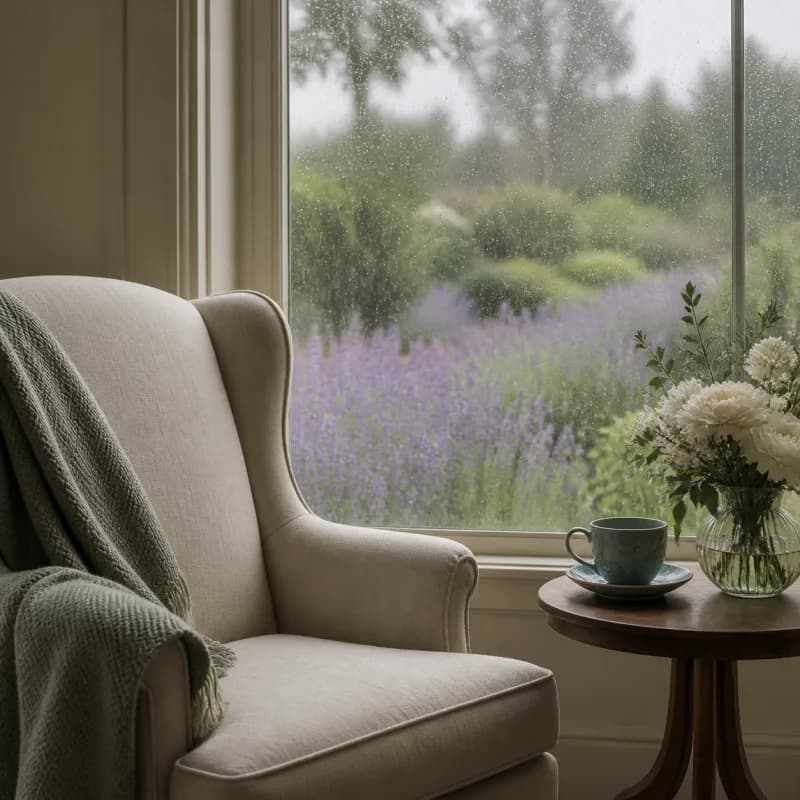 Empty chair, blue teacup, and garden beside a sunlit window.