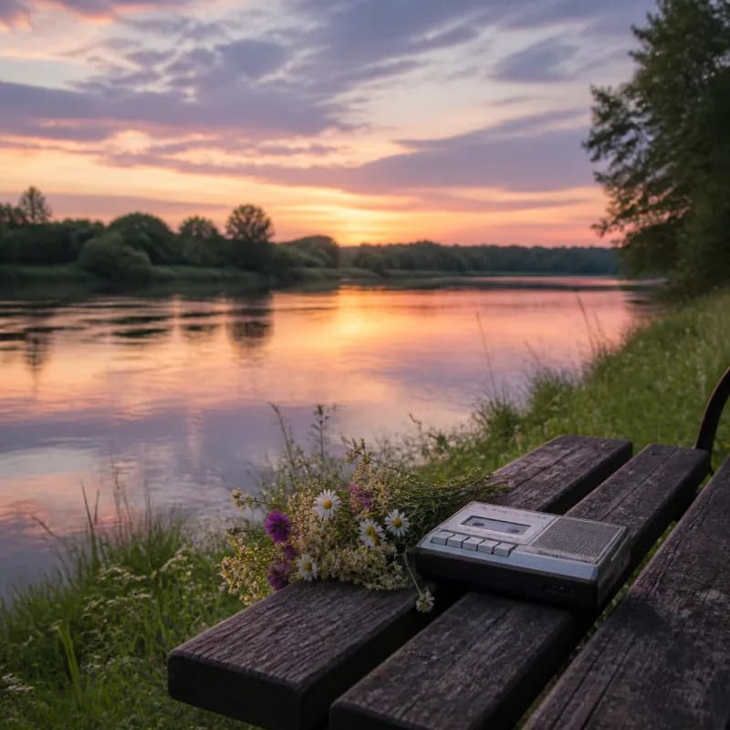Riverside bench with wildflowers and a cassette recorder at dusk.