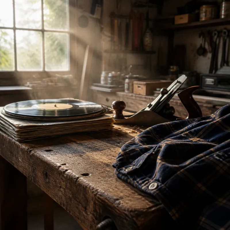Workbench with a vinyl record and woodworking tools in soft morning light.