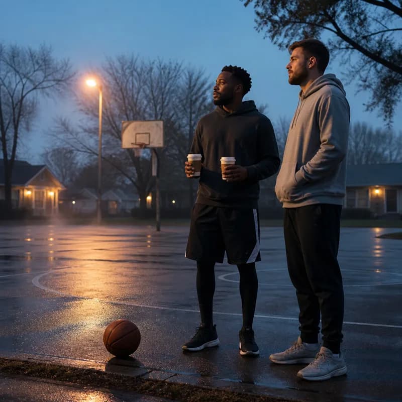 Two friends with coffee beside a quiet basketball court before sunrise.