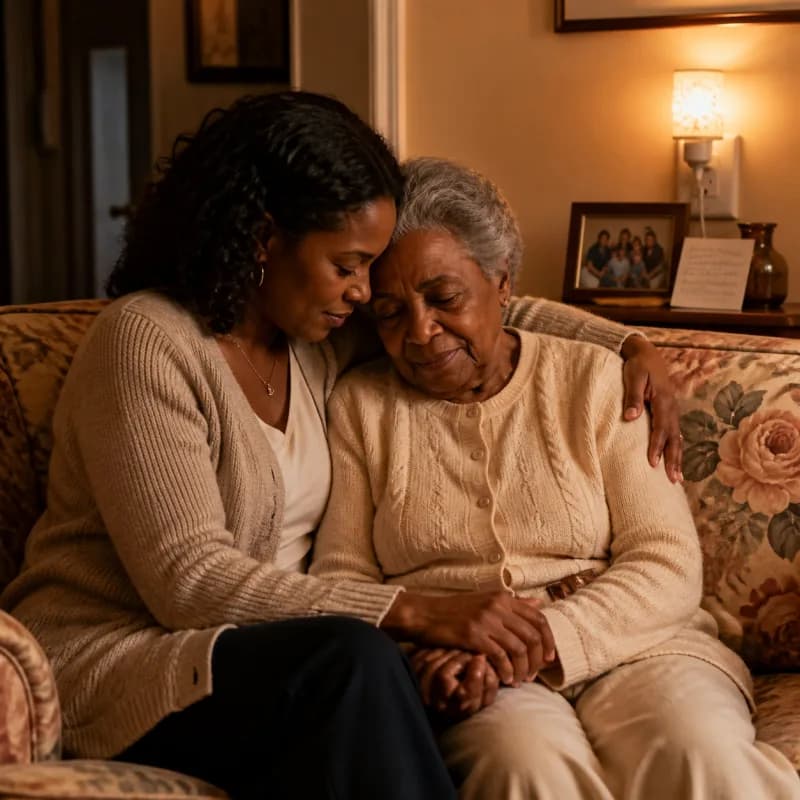 Adult daughter sitting with her elderly mother beneath a hallway night-light.