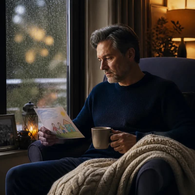 Man holding a child’s drawing and tea beside a rain-speckled window.