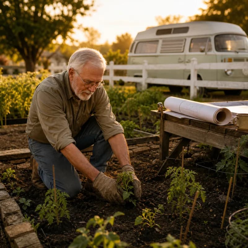 Retired engineer planting tomatoes beside a rolled blueprint in a backyard garden.