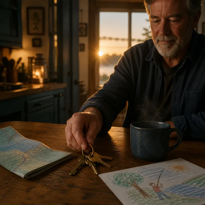 Retired shop owner setting keys beside coffee, a fishing map, and a grandchild’s drawing.