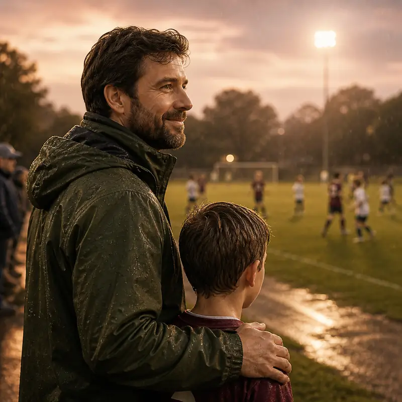 Warm editorial cover art of a father watching a youth football match from the sideline in gentle rain.