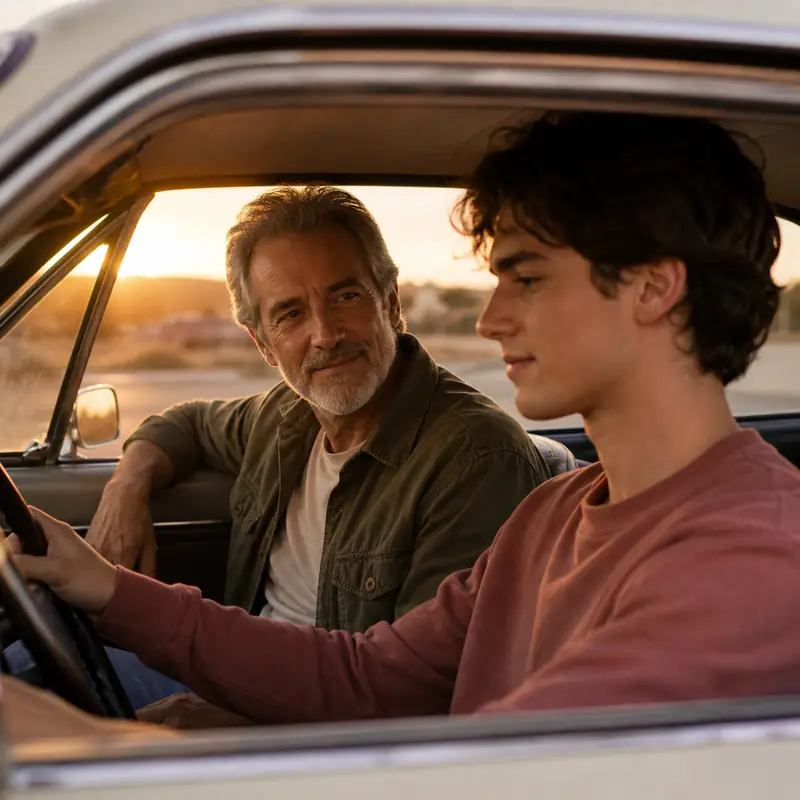 Warm editorial cover art of a father calmly teaching a young adult to drive at golden hour.