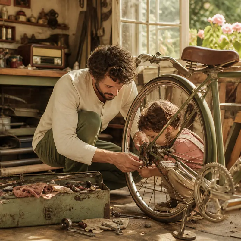 Warm editorial cover art of a father and child repairing a bicycle in a sunlit garage with an old radio.