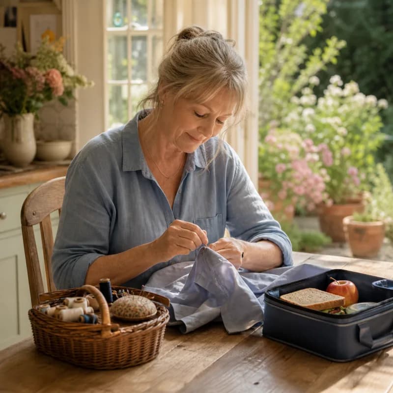 Warm editorial cover art of a mother mending a child's school uniform at a sunlit kitchen table.