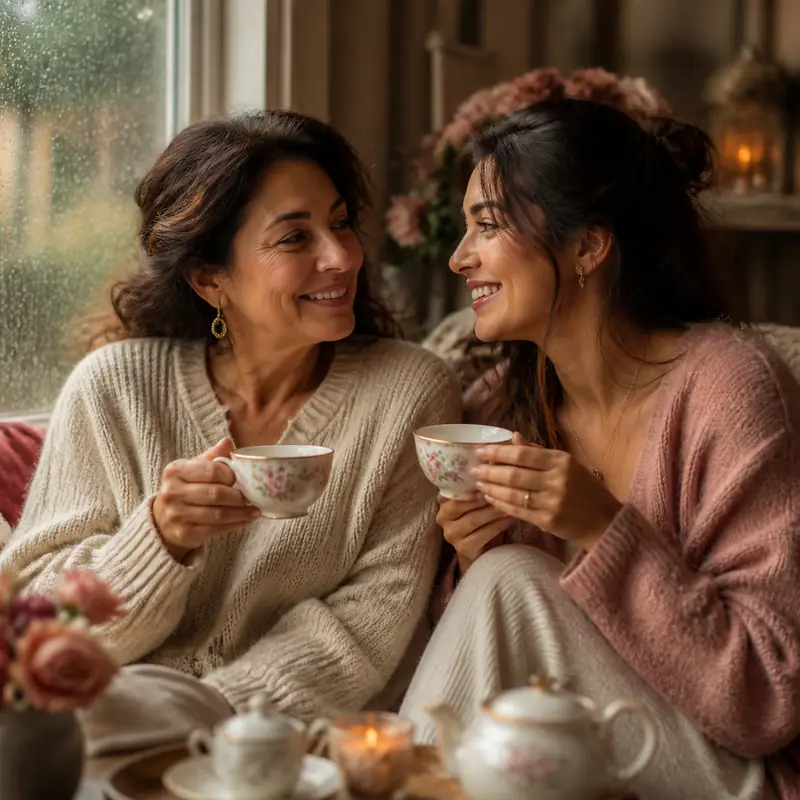 Warm editorial cover art of a mother and adult daughter sharing tea beside a rain-speckled window.