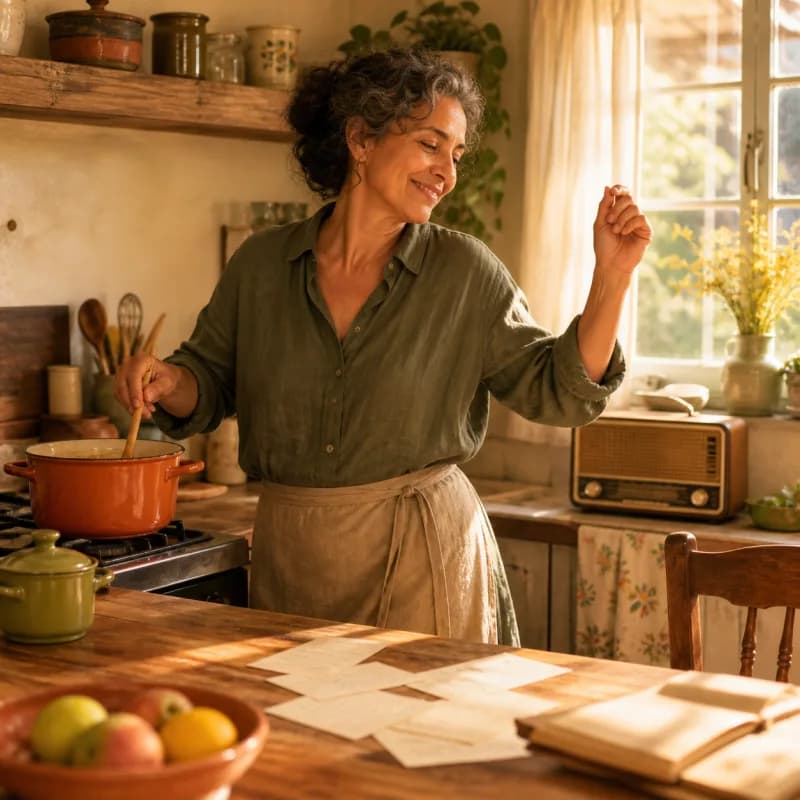 Warm editorial cover art of a mother dancing while cooking beside handwritten recipe cards and a vintage radio.