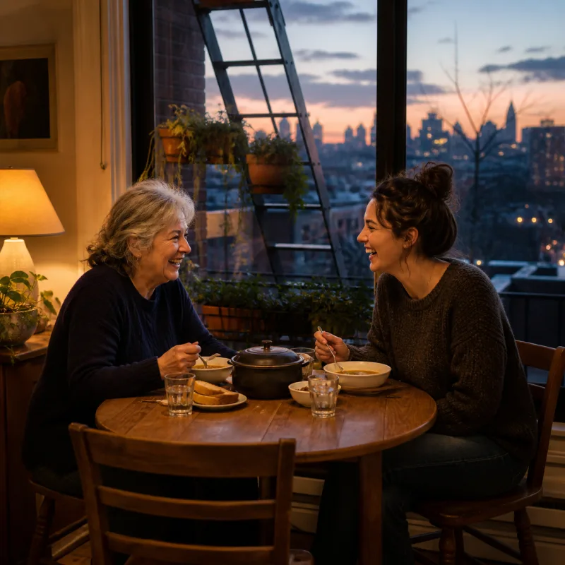 Two neighbors sharing soup beside a city window with fire-escape plants.
