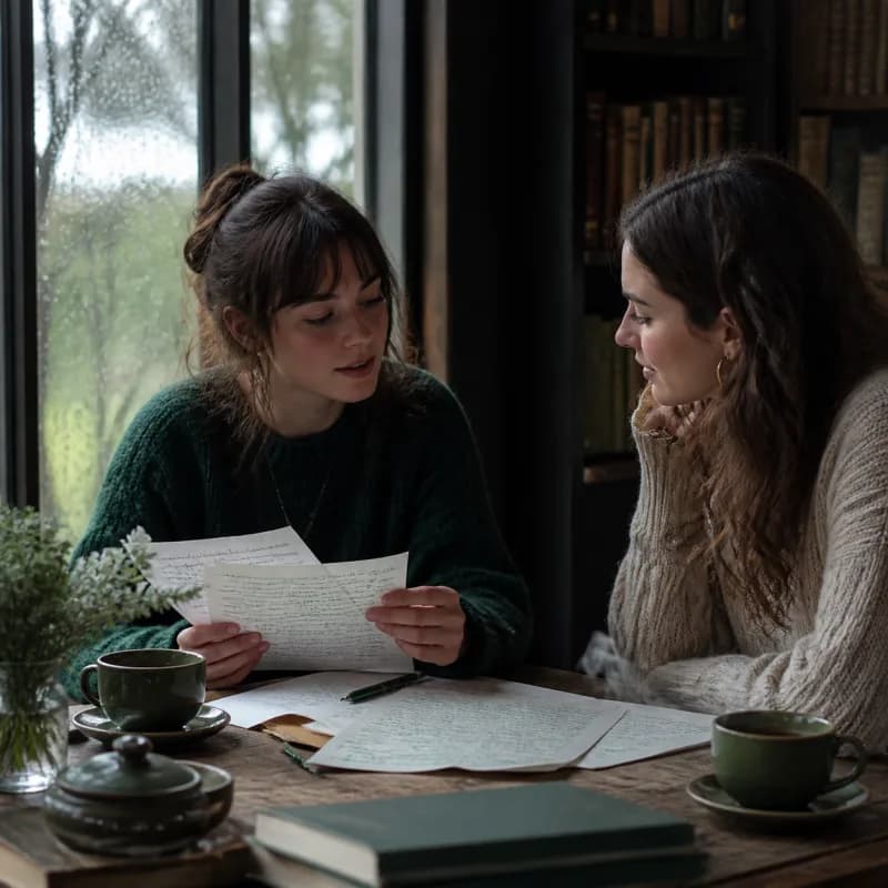 Mentor and writer sharing marked manuscript pages at a library table by a rainy window.