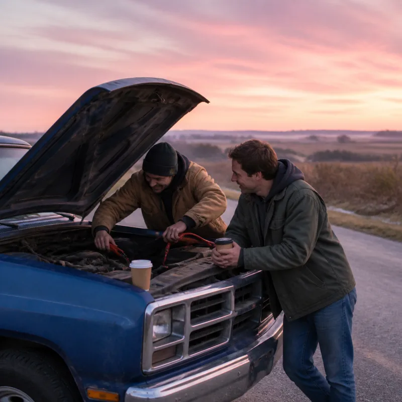 Two friends fixing a blue pickup with jumper cables on a rural road at dawn.