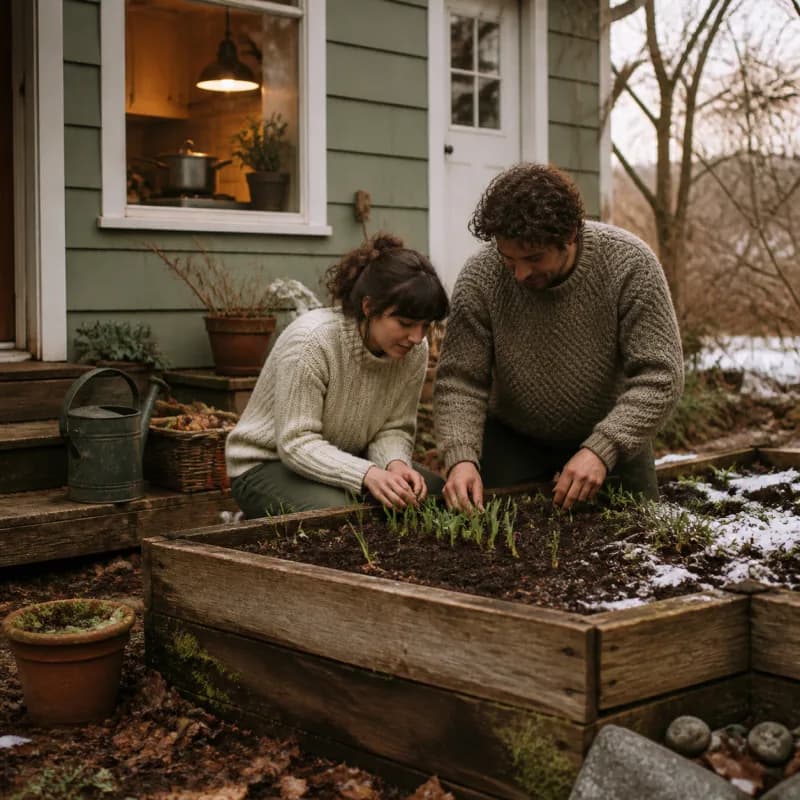 Couple planting early tulips beside their first home in February.