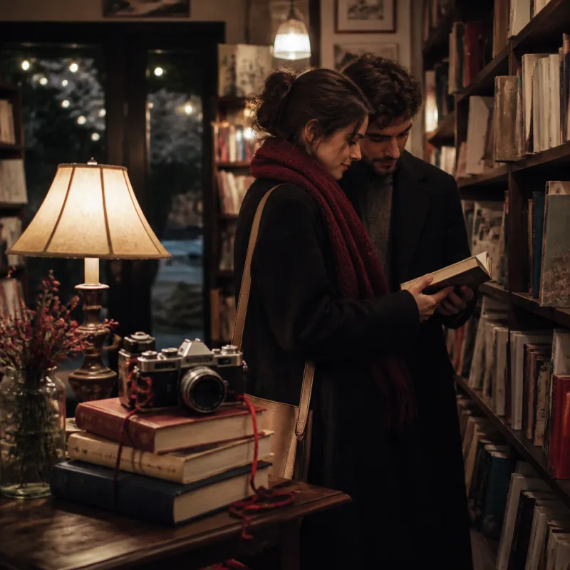 Couple in a bookstore beside a camera tied with red thread.