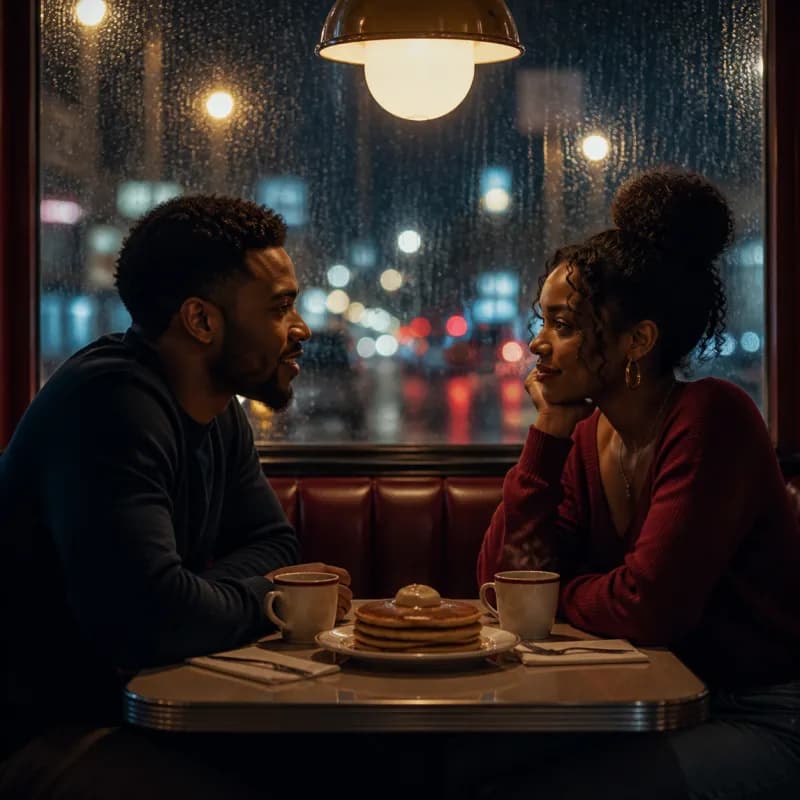 Couple sharing pancakes in a warmly lit diner booth.