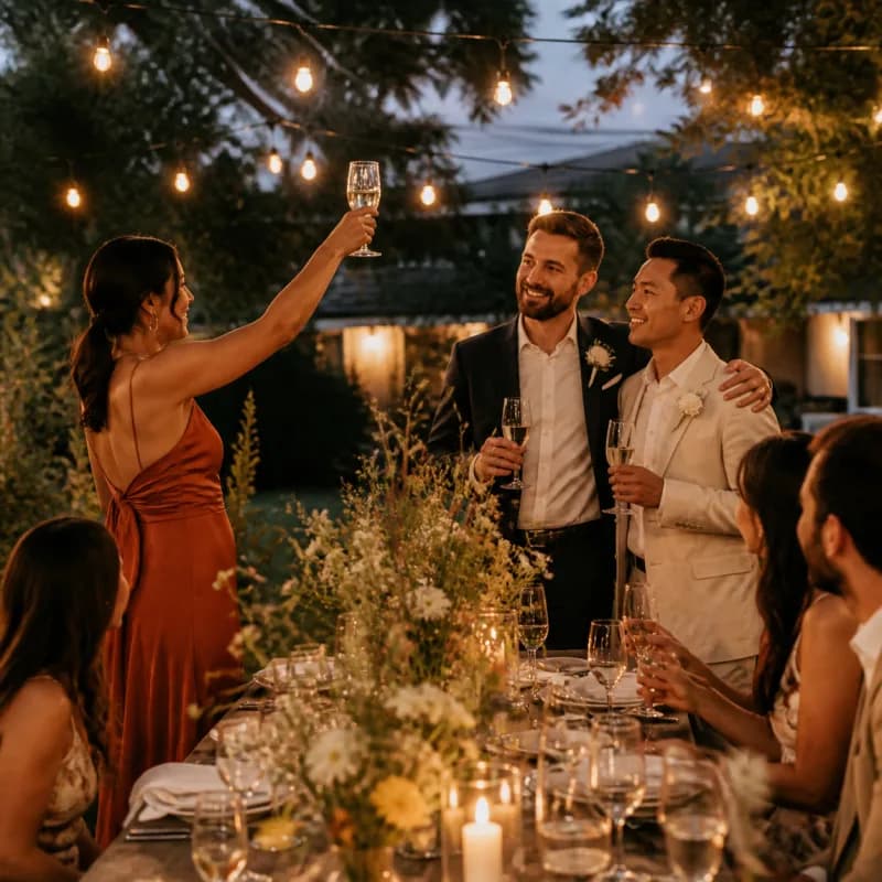 Sister raising a glass to a couple at an outdoor wedding reception.