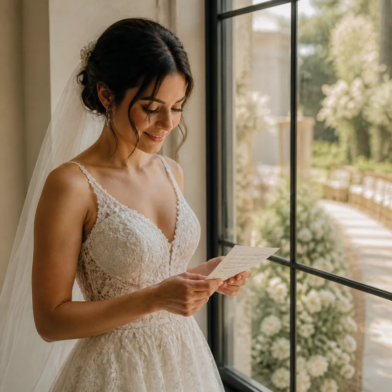 Bride holding a handwritten note beside a sunlit wedding venue window before the ceremony.