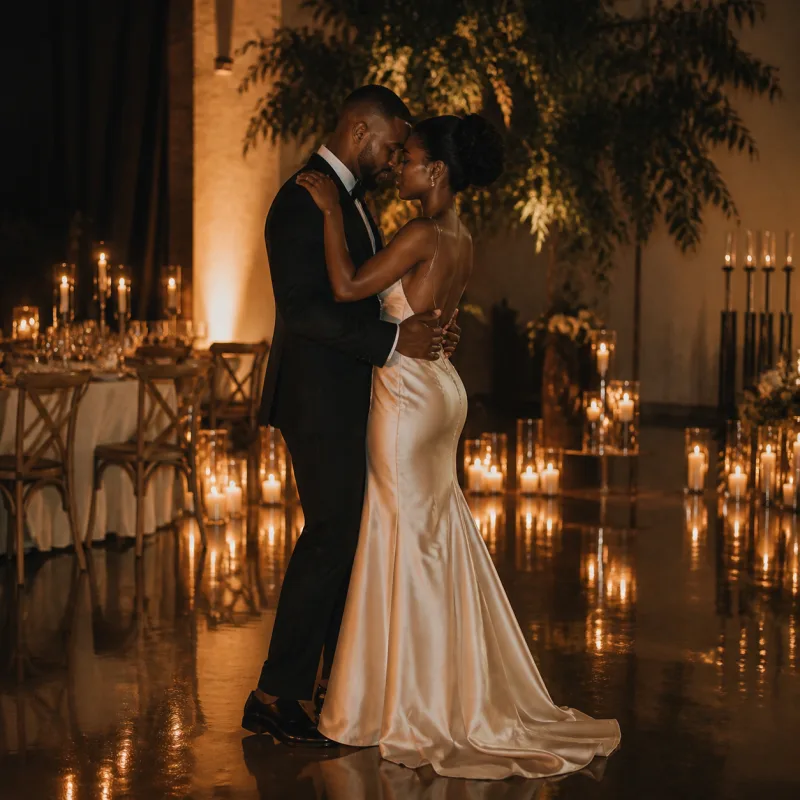 Newlywed couple sharing a quiet dance in a candlelit reception hall.