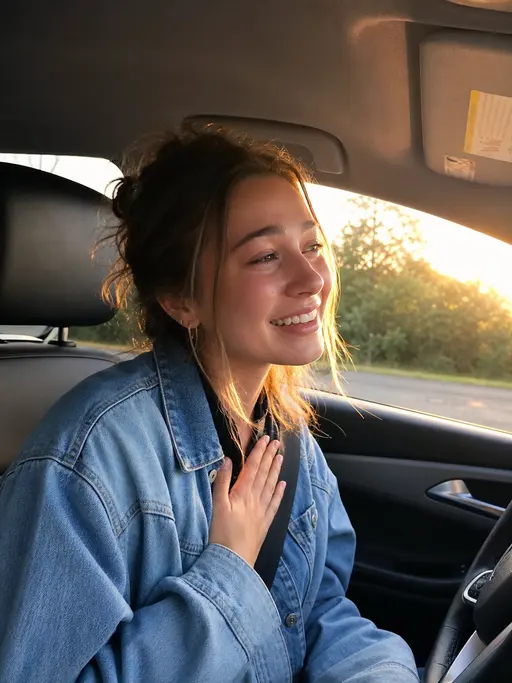 Young woman in a car smiling emotionally while hearing a personalized song.