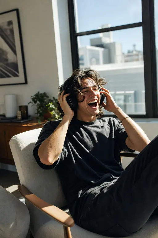 Solo listener by a window laughing in disbelief while listening through headphones.